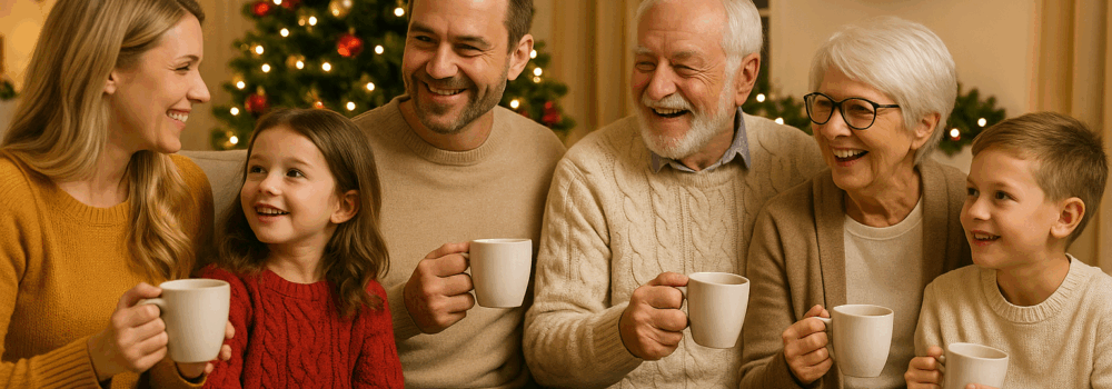 Family of all ages at Christmas enjoying tea