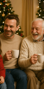 Family of all ages at Christmas enjoying tea