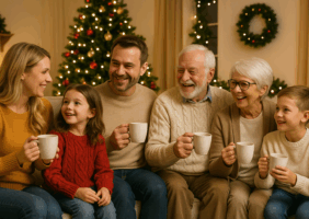 Family of all ages at Christmas enjoying tea