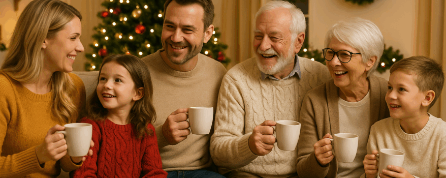 Family of all ages at Christmas enjoying tea