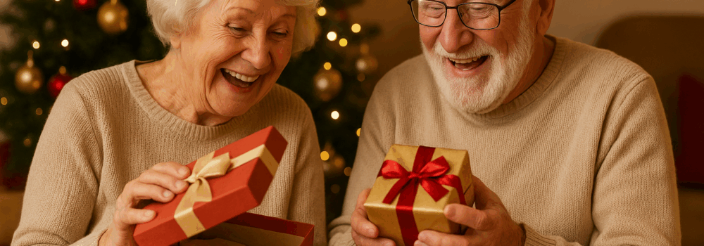 Elderly couple opening Christmas presents beside the Christmas tree
