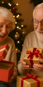 Elderly couple opening Christmas presents beside the Christmas tree