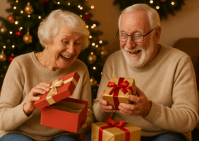 Elderly couple opening Christmas presents beside the Christmas tree