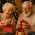 Elderly couple opening Christmas presents beside the Christmas tree