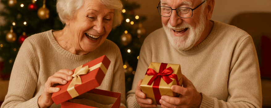 Elderly couple opening Christmas presents beside the Christmas tree