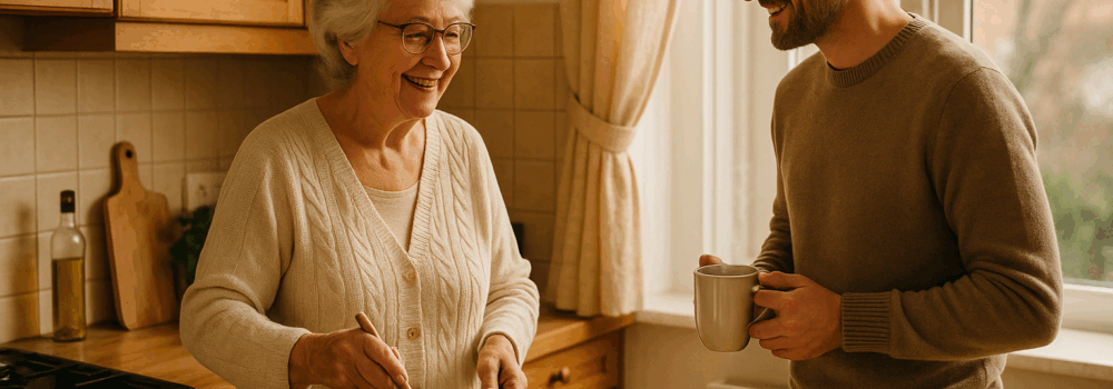 Mother and son in kitchen cooking and talking