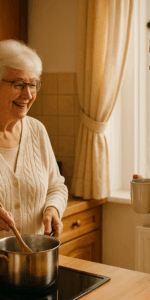 Mother and son in kitchen cooking and talking