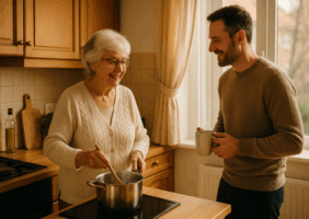 Mother and son in kitchen cooking and talking