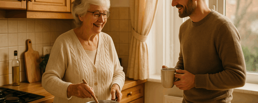 Mother and son in kitchen cooking and talking