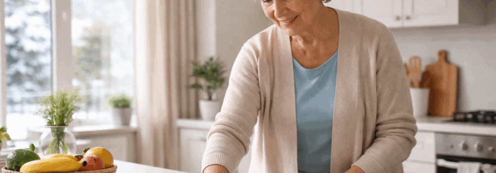 Elderly woman in the kitchen cleaning independently