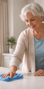 Elderly woman in the kitchen cleaning independently