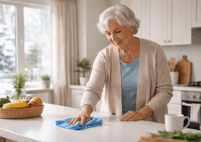 Elderly woman in the kitchen cleaning independently