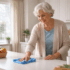 Elderly woman in the kitchen cleaning independently