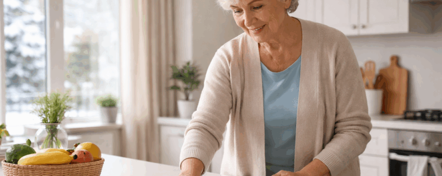 Elderly woman in the kitchen cleaning independently