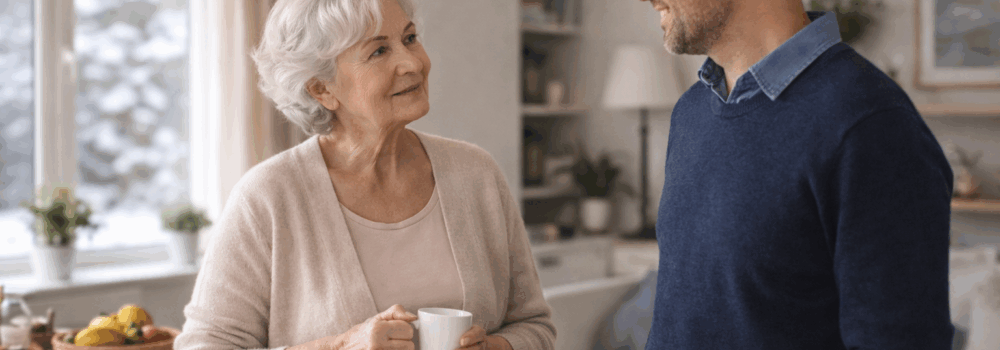 Elderly mother and son talking in the living room