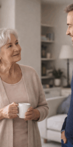 Elderly mother and son talking in the living room