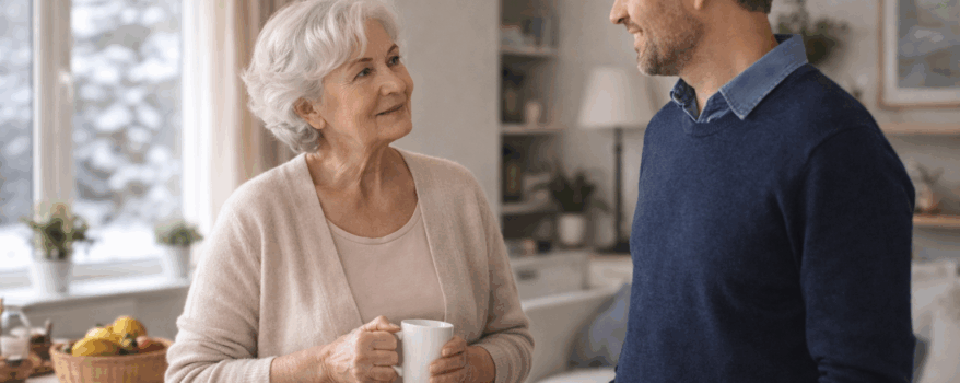 Elderly mother and son talking in the living room