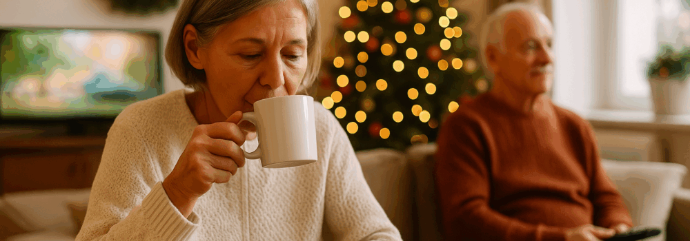 Elderly couple in the living room beside the Christmas tree watching TV and drinking TEA