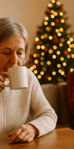 Elderly couple in the living room beside the Christmas tree watching TV and drinking TEA