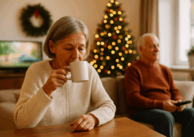 Elderly couple in the living room beside the Christmas tree watching TV and drinking TEA