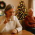Elderly couple in the living room beside the Christmas tree watching TV and drinking TEA