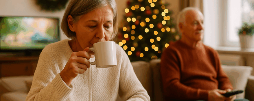 Elderly couple in the living room beside the Christmas tree watching TV and drinking TEA