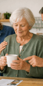 Mother with adult children in the kitchen together