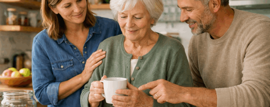 Mother with adult children in the kitchen together