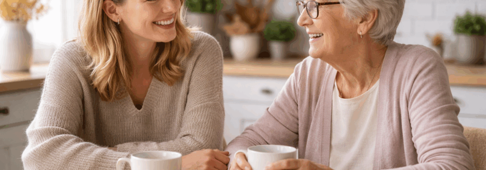 Elderly mother and adult daughter enjoying a cup of tea together and a chat