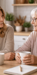 Elderly mother and adult daughter enjoying a cup of tea together and a chat