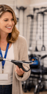 Staff demos daily living aid to elderly woman